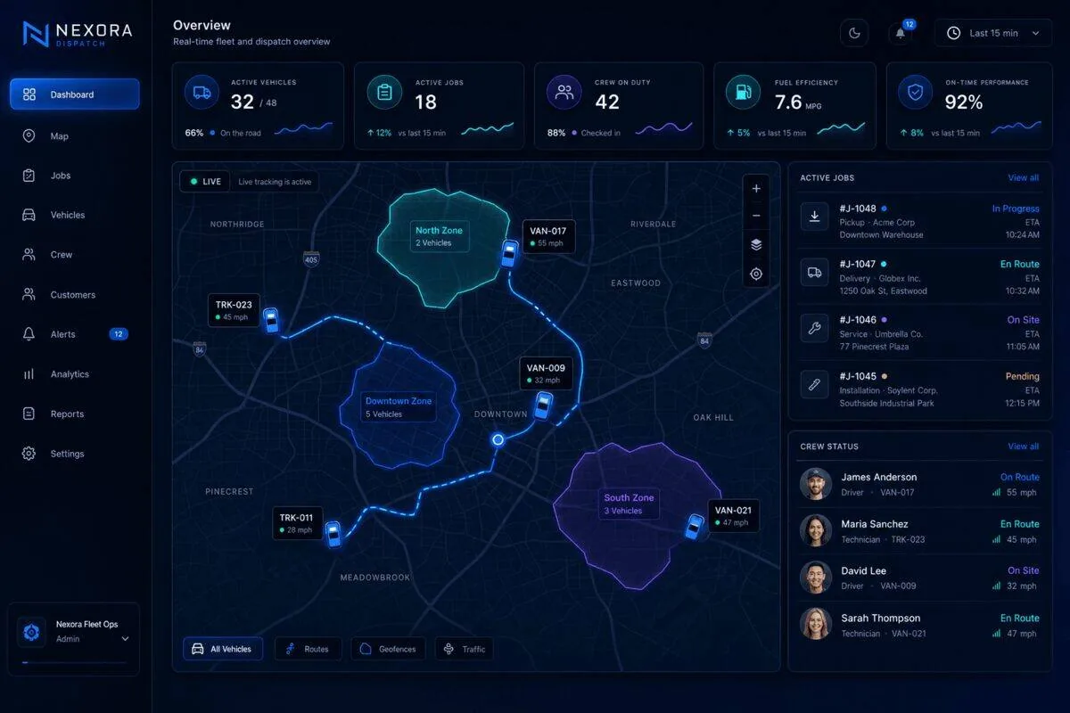 Dark-mode fleet dispatch dashboard mockup with a live GPS map and geofencing